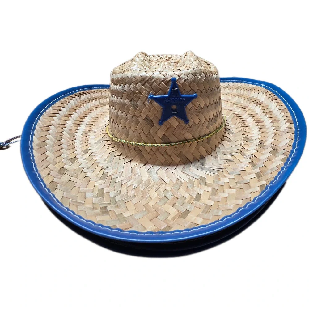 Cowboy Sheriff‎ Woven Straw Hat Kids Red Blue Star Chin Strap